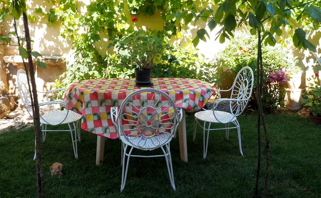 Mesa vestida bajo la parra del jardín